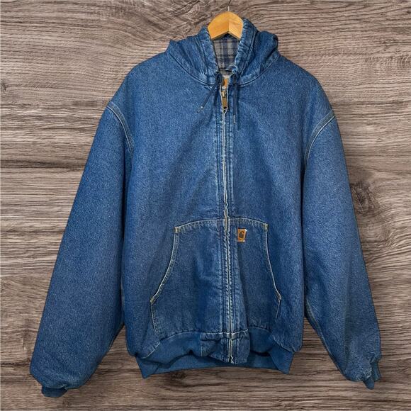 Vintage CARHARTT J139 DST Jacket Denim Hooded Jean Blanket ASAP Rocky 90s Large - Picture 1 of 16